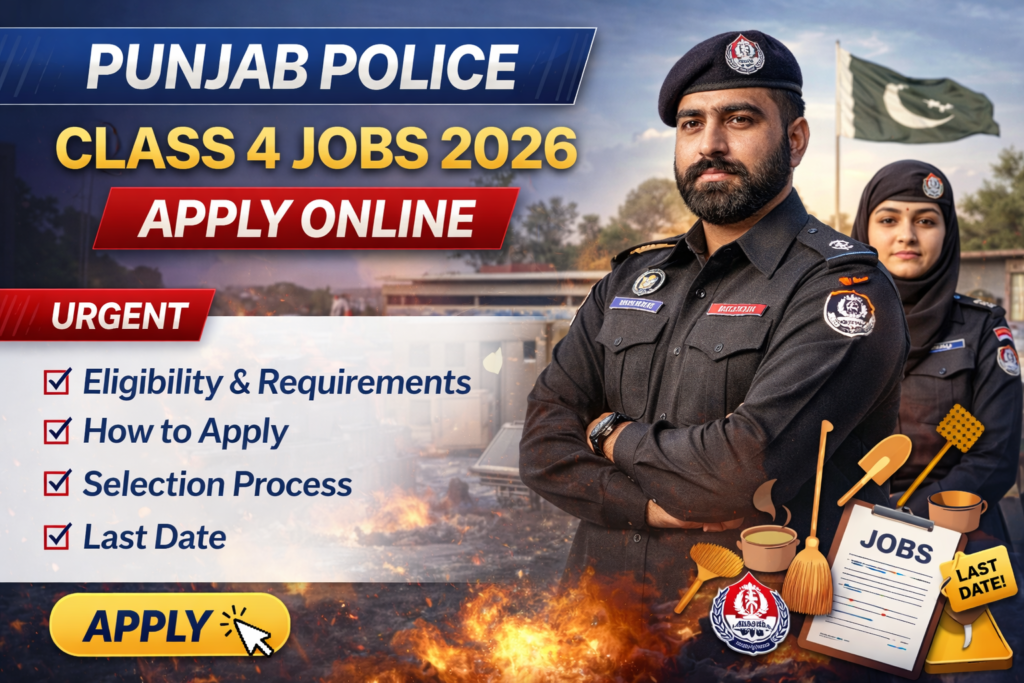 Punjab Police Class 4 Jobs 2026 online apply banner with officers and job details.