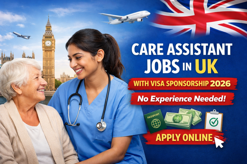 Care assistant helping elderly woman in UK with visa sponsorship 2026, no experience needed, apply online job opportunity