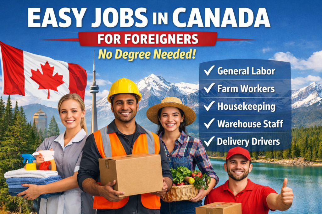 Easy jobs in Canada for foreigners showing workers in labor, farming, cleaning, and delivery roles with no degree required