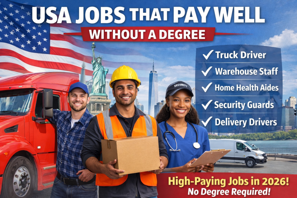 USA jobs that pay well without a degree showing workers like truck drivers, warehouse staff, and delivery drivers in 2026